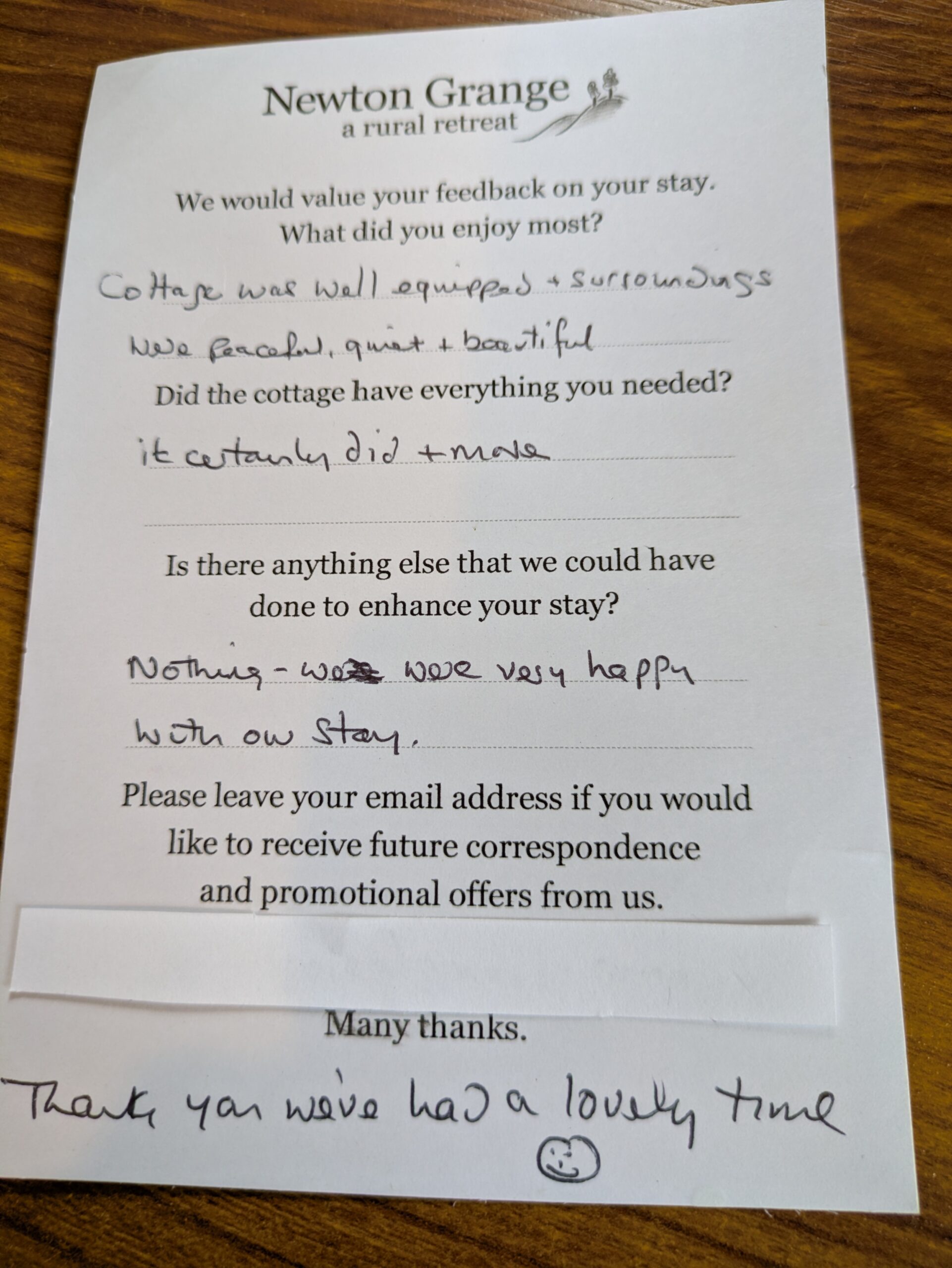 Feedback from Newton Cottage stay