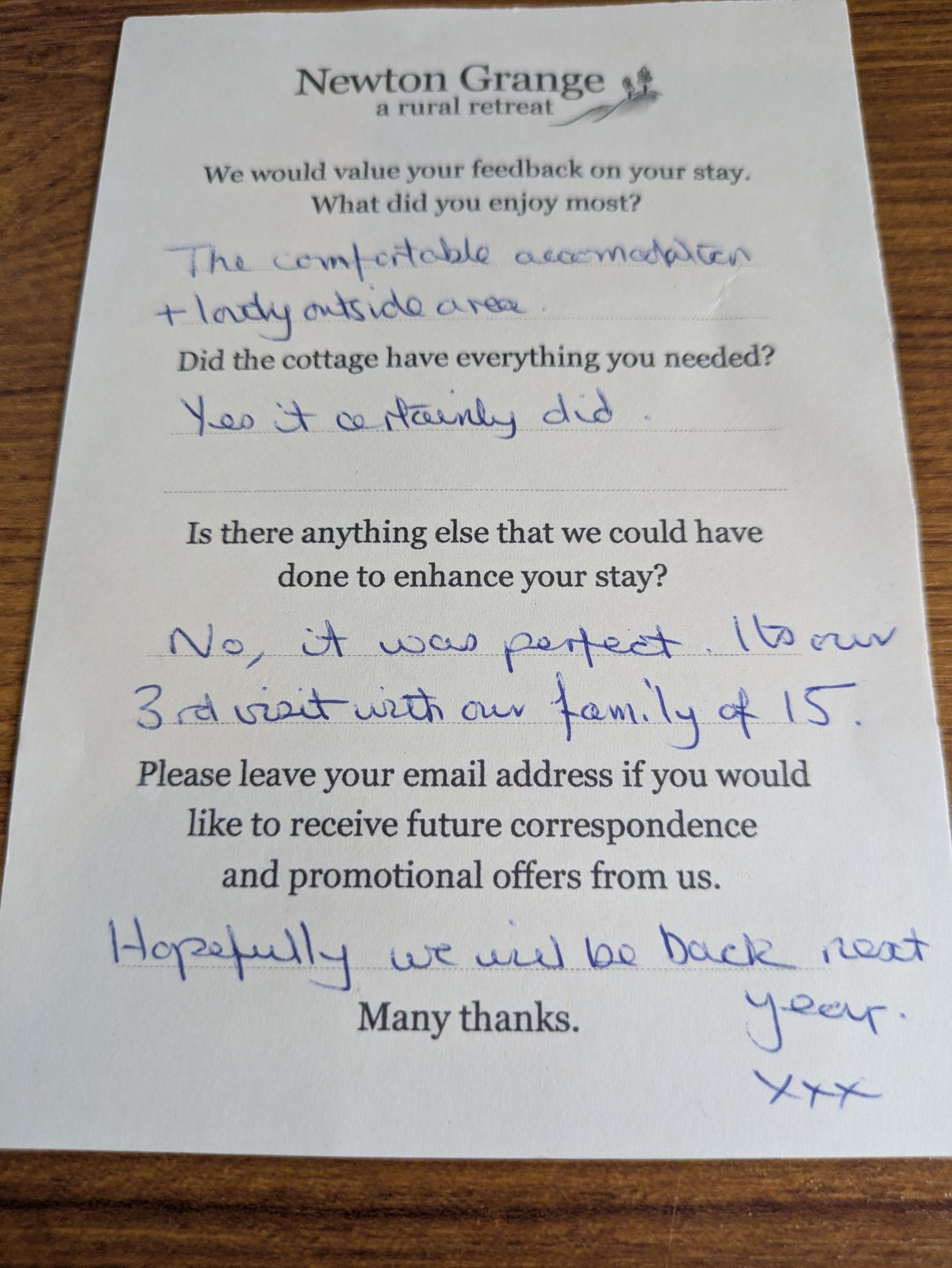 rounded Feedback card from group stay